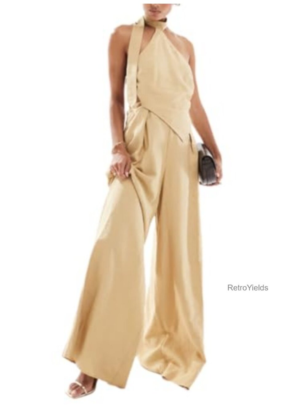 Wuitrie 2 Piece Set Women Backless Halter Top High Waisted Wide Leg Pants